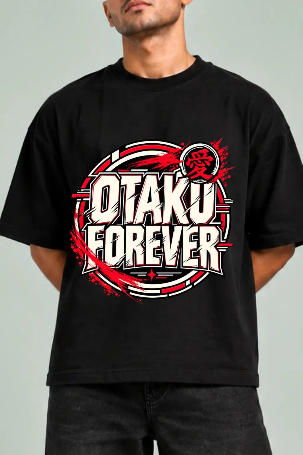 Otaku Forever — Anime Streetwear Oversized Terry T-Shirt, Red Kanji Print Close-Up | JUNOSHI