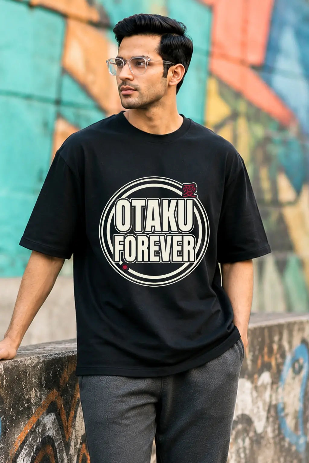 Otaku Forever Anime Streetwear Oversized Tee — Street Style Male Model, JUNOSHI Anime Drop
