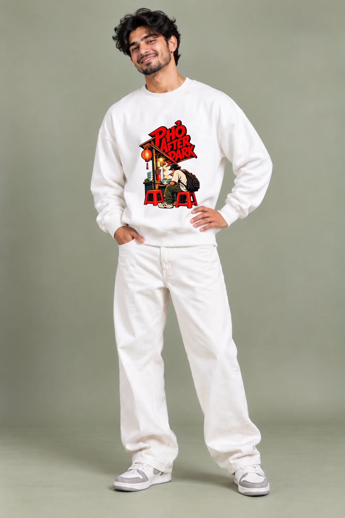 Pho After Dark oversized sweatshirt in white worn with baggy white jeans, front view — Cam On Vietnam streetwear