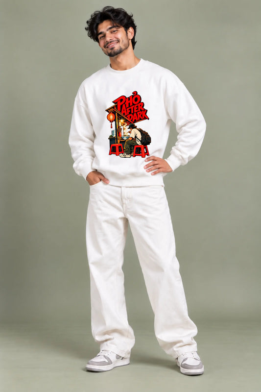 Pho After Dark oversized sweatshirt in white worn with baggy white jeans, front view — Cam On Vietnam streetwear