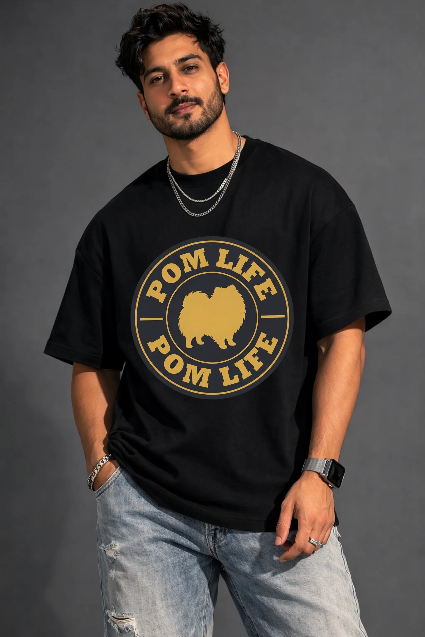 Pom Life Pomeranian Dog Parent Oversized Tee in Black — Men's Front View | JUNOSHI Pet Pawtrait