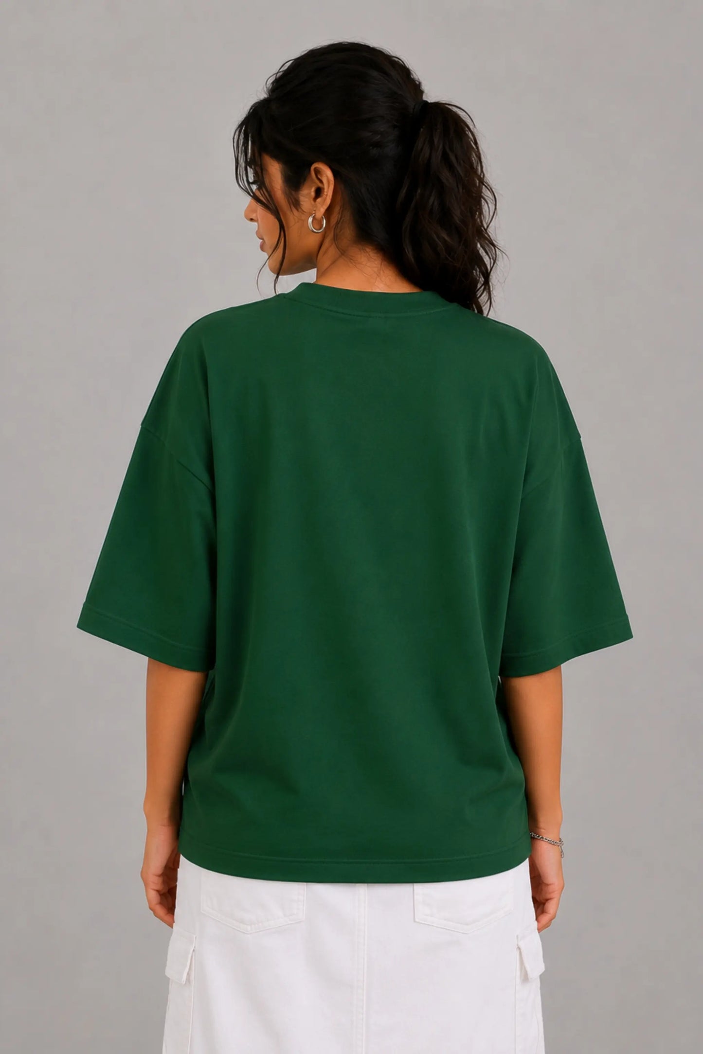 Pom Life Pomeranian Oversized Tee in Bottle Green — Women's Back View | JUNOSHI Pet Pawtrait