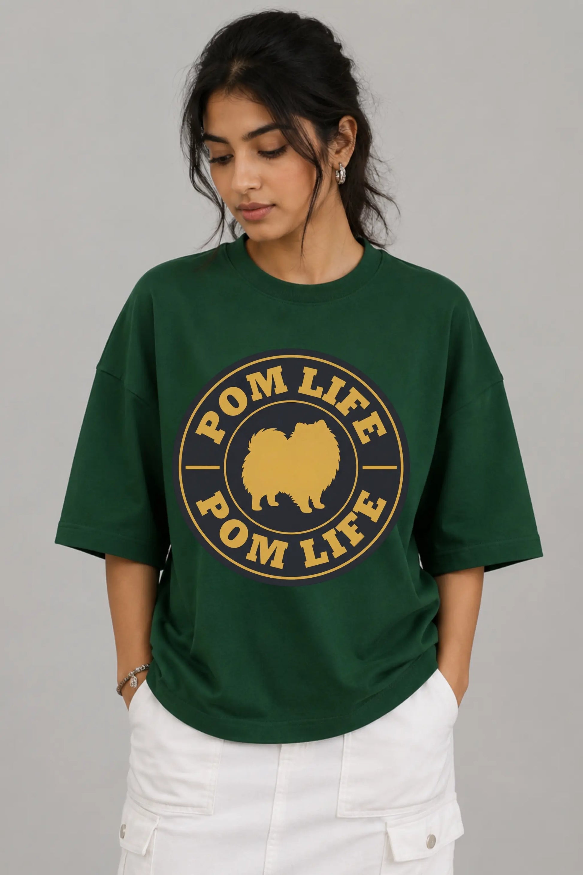 Pom Life Pomeranian Dog Parent Oversized Tee in Bottle Green — Women's Front View | JUNOSHI Pet Pawtrait
