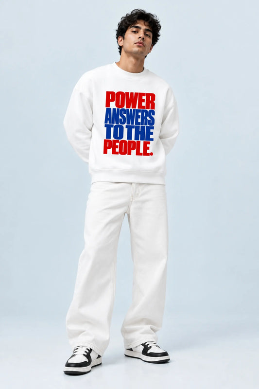 Power Answers To The People — Constitutional Pride Oversized Sweatshirt, Male Model Front View | JUNOSHI