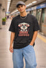 Drama Certified Pet Pawtrait black oversized tee for men by JUNOSHI — bold Shih Tzu graphic DTF print worn by young man at metro station, urban streetwear style