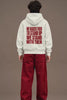 Raised To Stand Up — Family Pride Pullover Hoodie Unisex, back print reel with red typography on male model | JUNOSHI