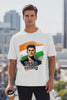 JUNOSHI 1950 Strong oversized tee in white — desi patriotic streetwear for men, bold tricolour graphic with Indian flag, Ashok Chakra, and illustrated hero figure, urban city setting