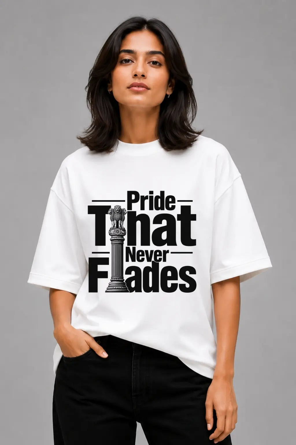 Pride That Never Fades — Ashoka Pillar Oversized Tee for Women | JUNOSHI