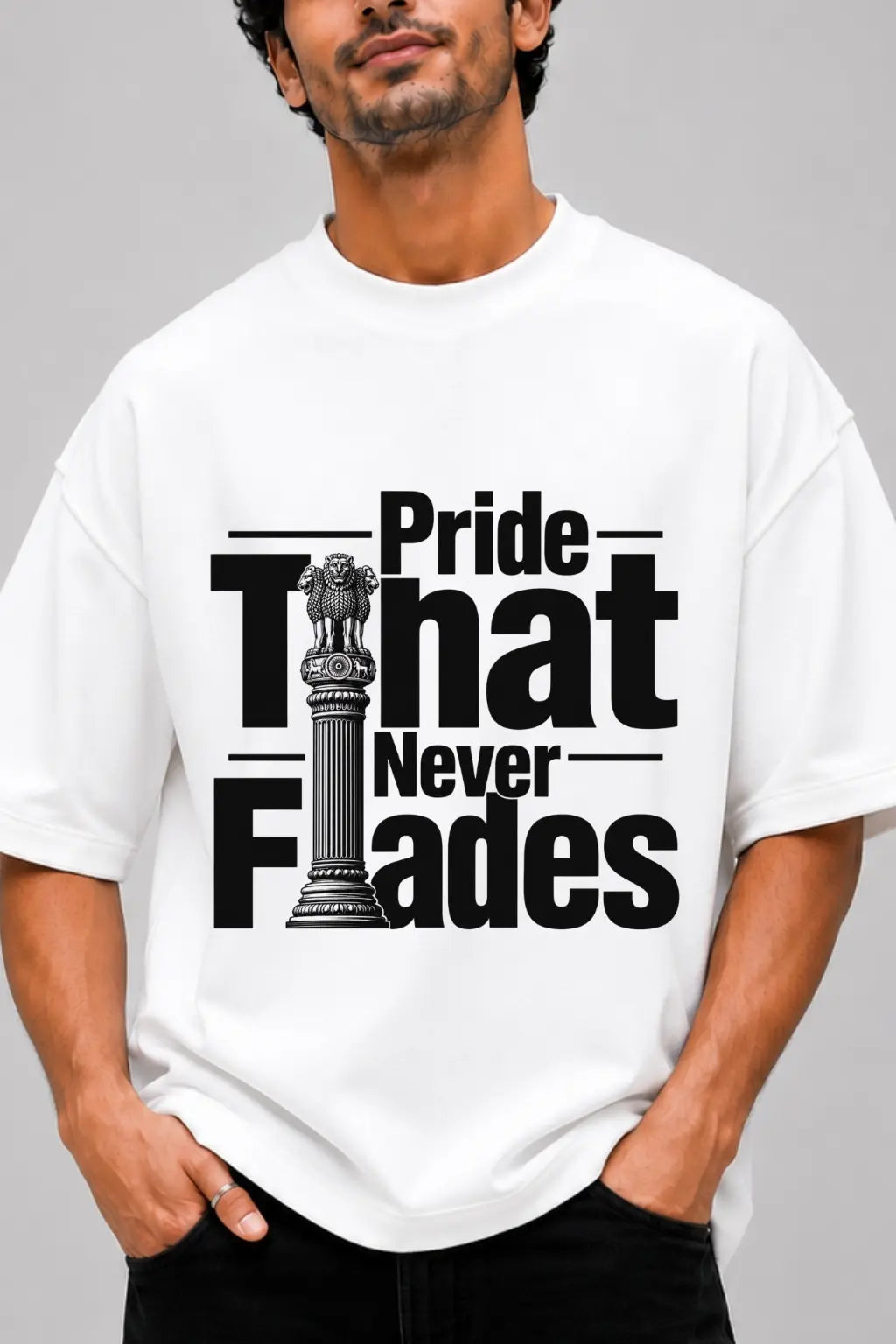 Pride That Never Fades — Ashoka Pillar Design Close-Up on Oversized Tee | JUNOSHI