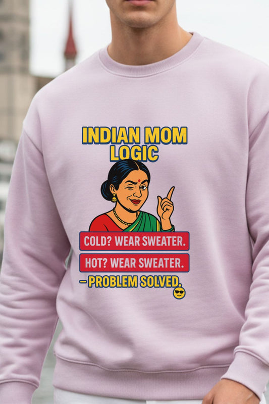 Problem Solved Indian Mom Logic Unisex Oversized Sweatshirt in Light Baby Pink — Front View — JUNOSHI