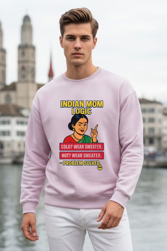 Problem Solved Indian Mom Logic Light Baby Pink Oversized Sweatshirt for Women — Desi Humour Apparel by JUNOSHI