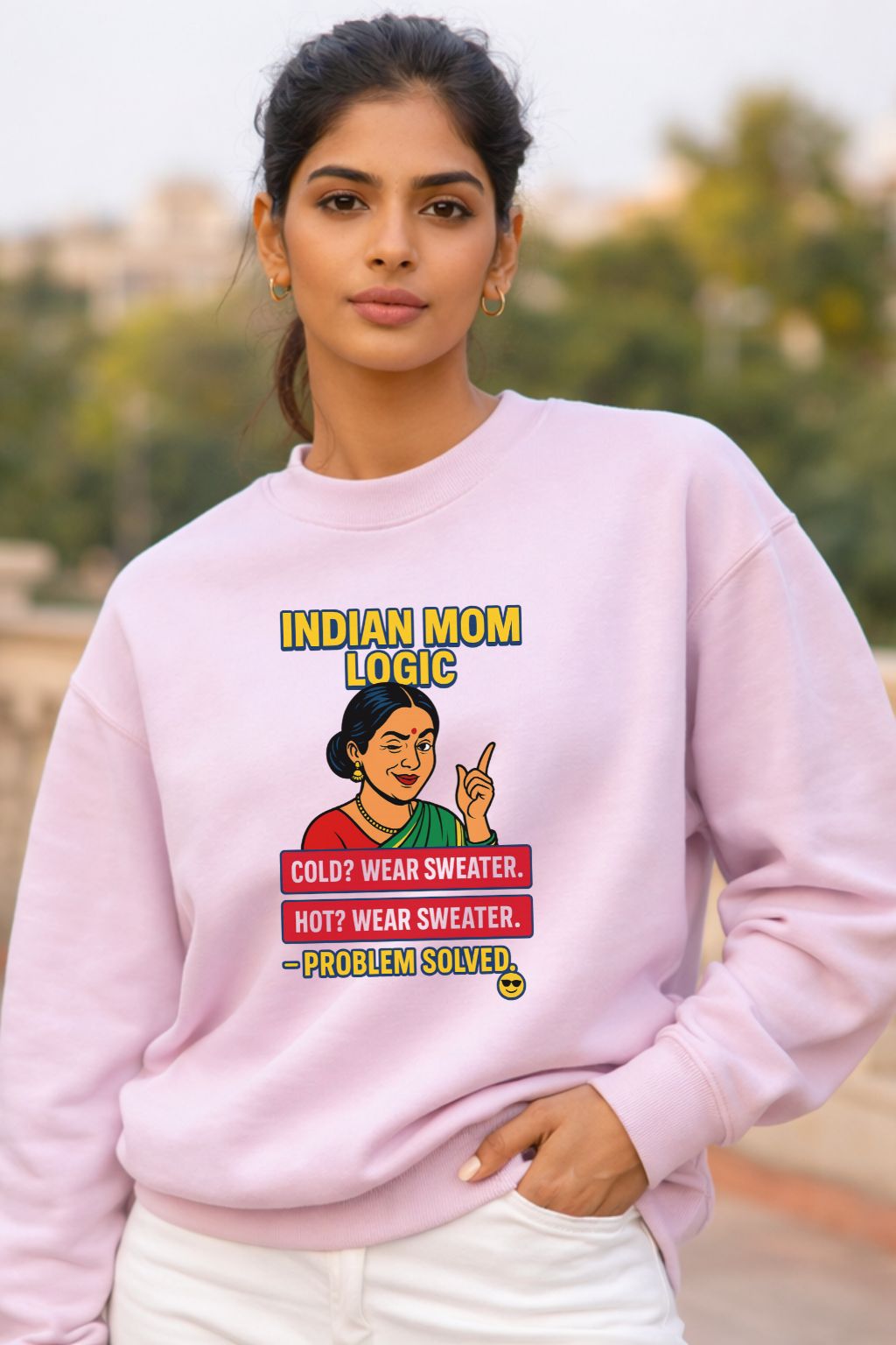 Close-Up of Problem Solved Desi Mom Logic Bold Comic Print — DTF Print Oversized Sweatshirt — JUNOSHI