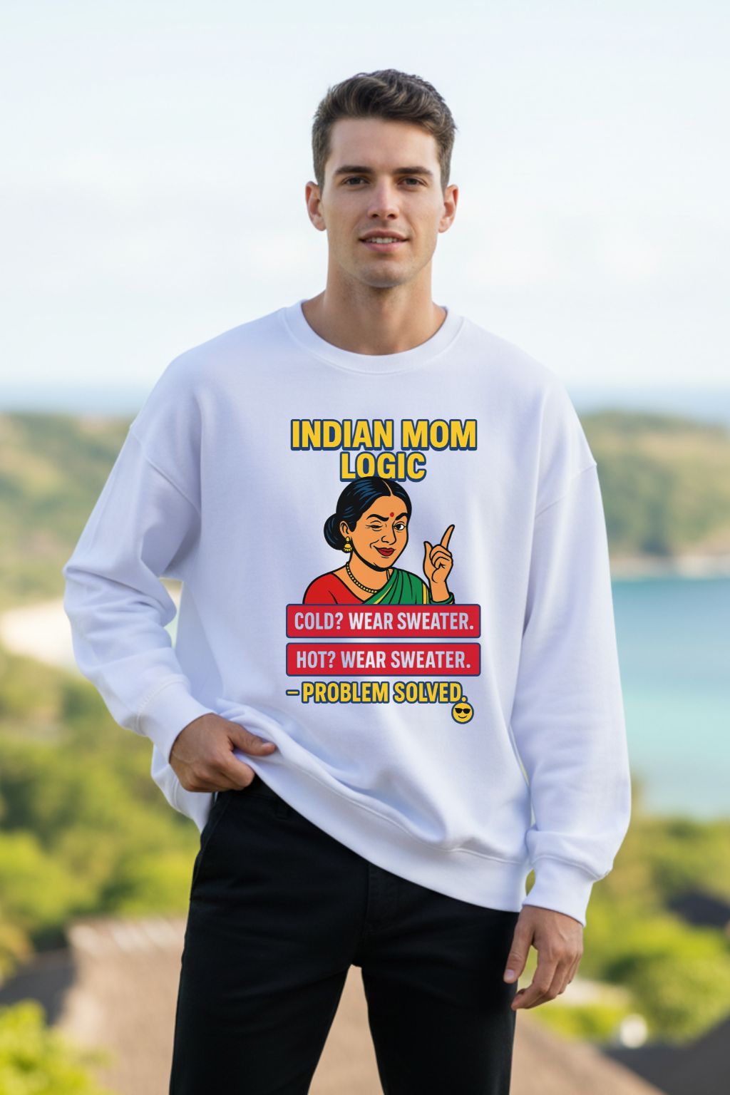 Problem Solved Indian Mom Logic White Unisex Oversized Sweatshirt — Desi Humour Graphic Tee by JUNOSHI