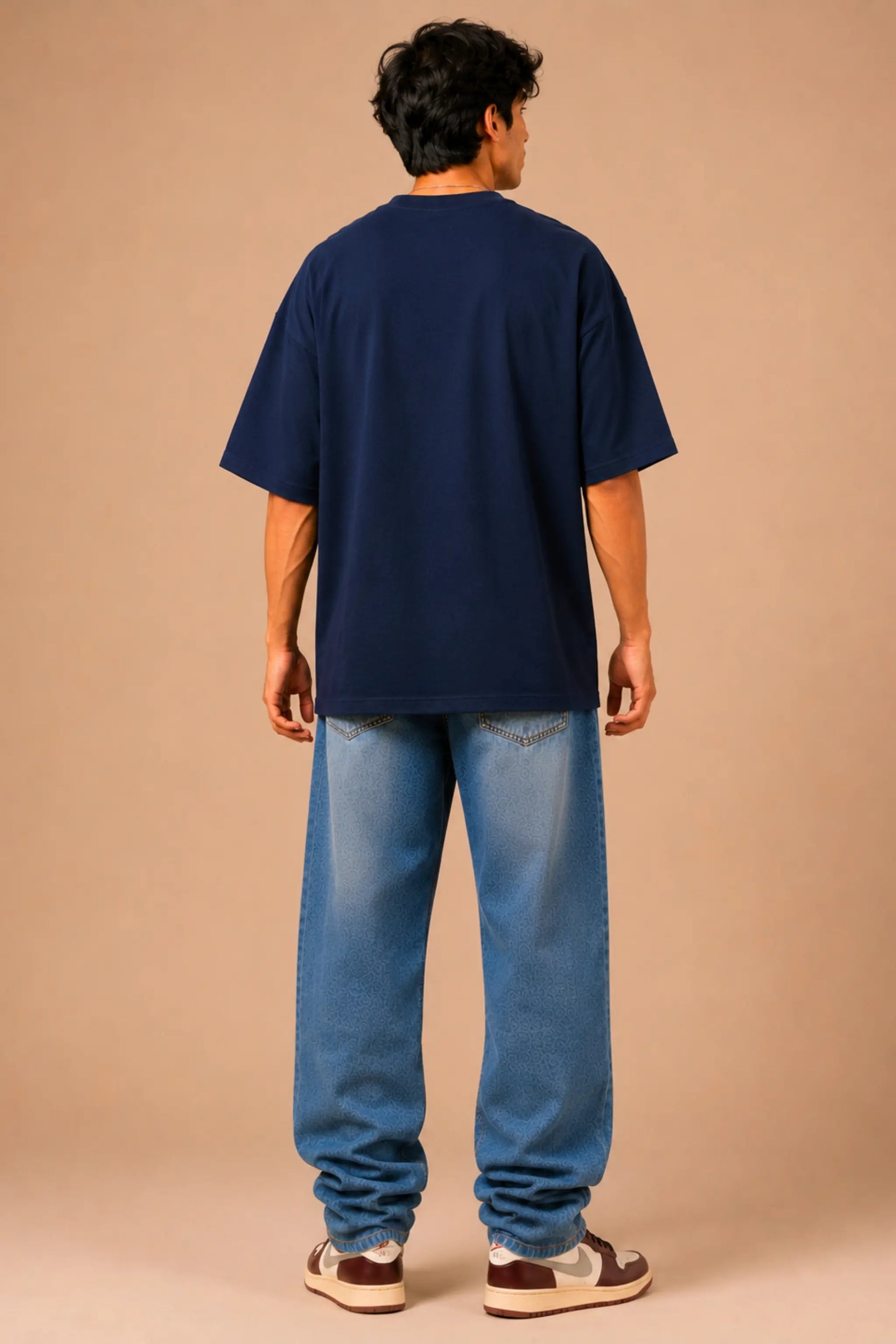 Professionally Overwhelmed Navy Oversized Tee — Clean Back View Unisex Drop Shoulder Fit | JUNOSHI