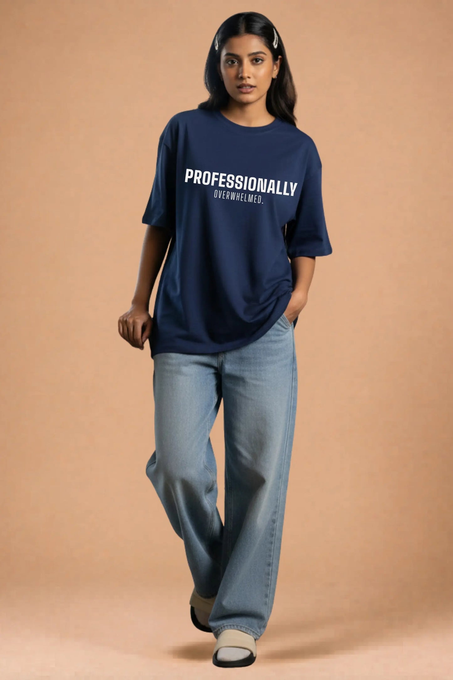 Professionally Overwhelmed Navy Oversized Tee — Bold Streetwear Tee for Women Full View | JUNOSHI
