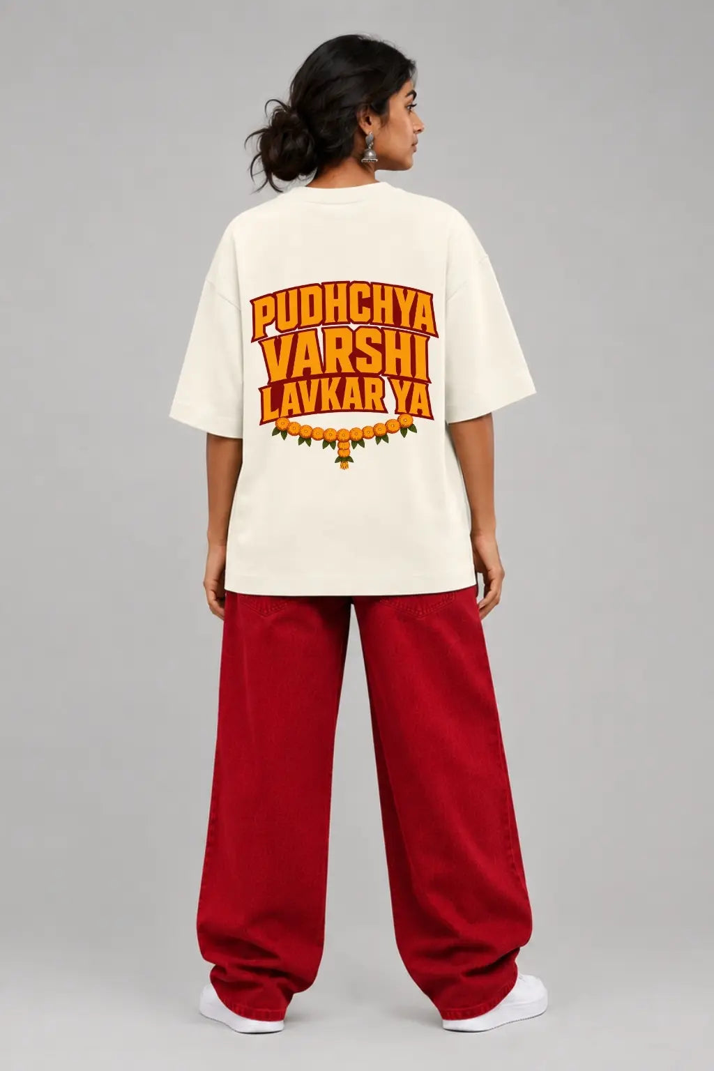 Pudhchya Varshi Lavkar Ya Marathi Ganpati Farewell Back Print Terry Tee | JUNOSHI