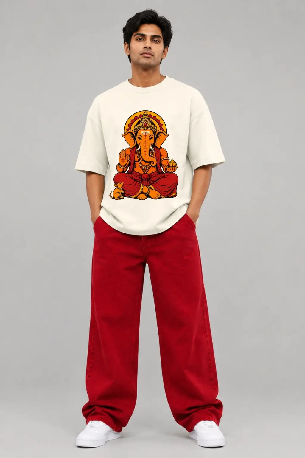 Pudhchya Varshi Lavkar Ya Ganesha Oversized Terry T-Shirt for Men — Front Print | JUNOSHI