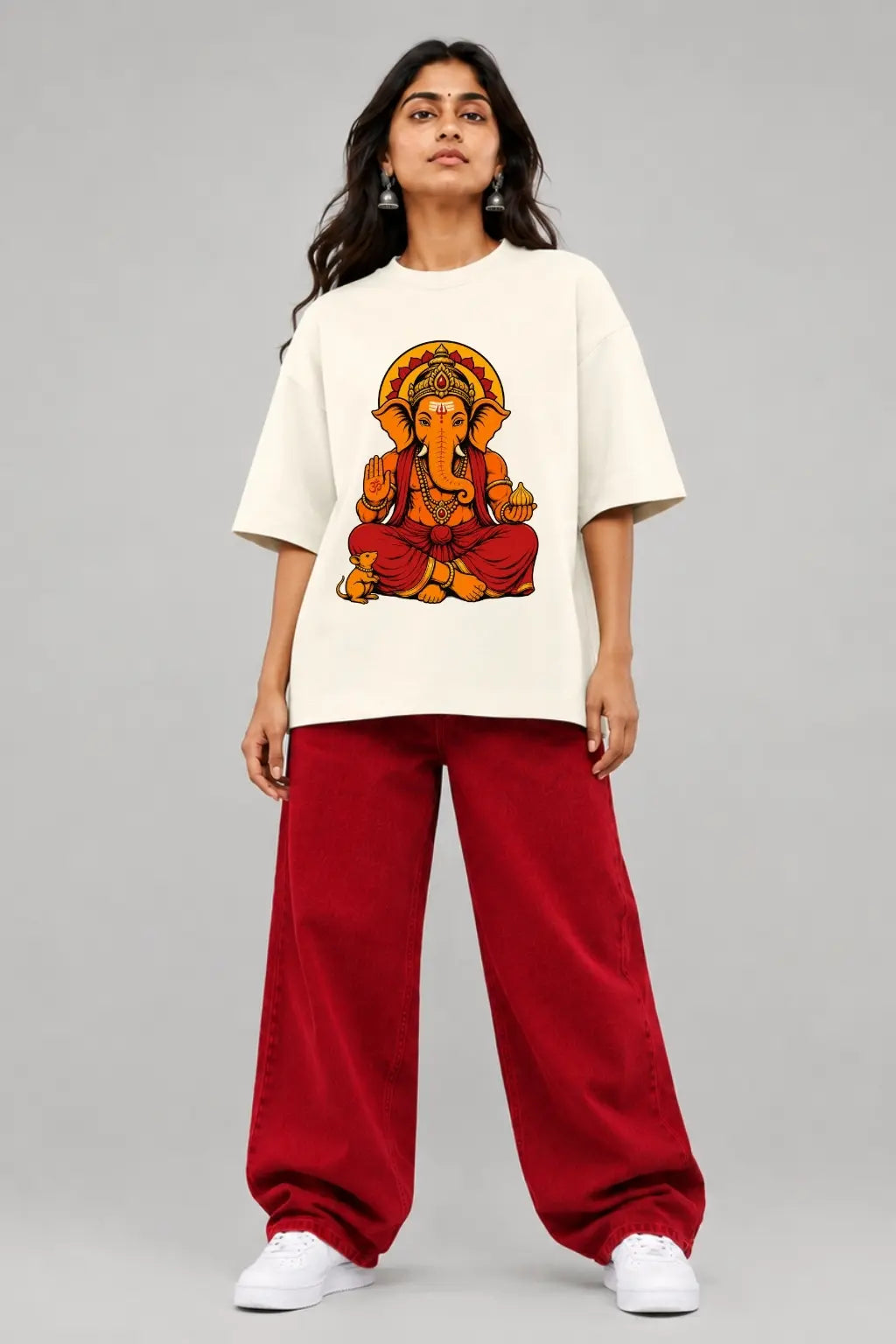 Pudhchya Varshi Lavkar Ya Ganesha Oversized Terry T-Shirt for Women — Front Print | JUNOSHI