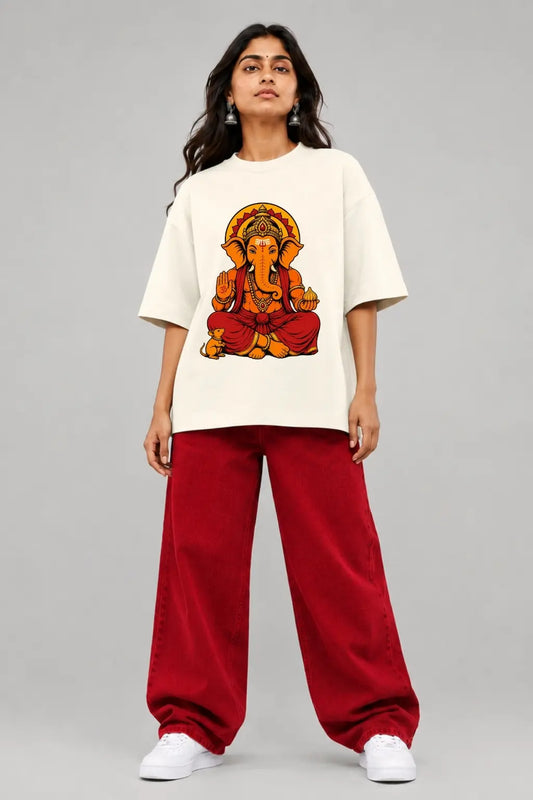 Pudhchya Varshi Lavkar Ya Ganesha Oversized Terry T-Shirt for Women — Front Print | JUNOSHI