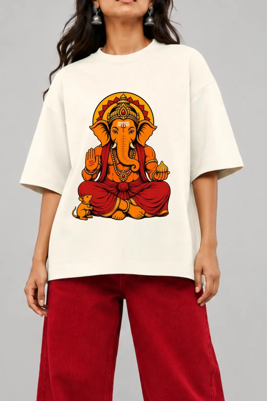 Ganesha Front Print Close-Up on Pudhchya Varshi Lavkar Ya Oversized Terry Tee | JUNOSHI