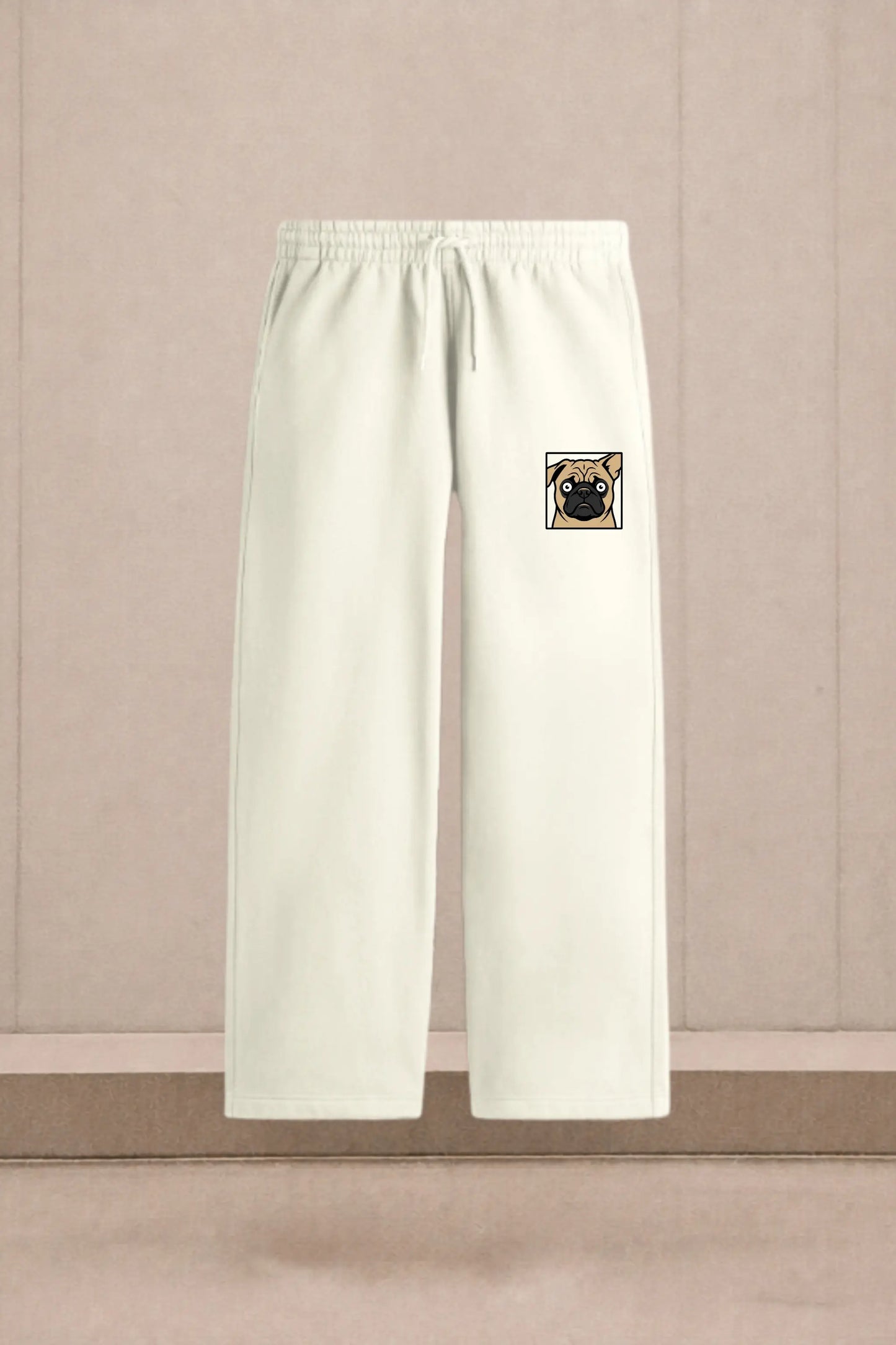 Pug Face Graphic Unisex Sweatpants in Cream — Product Flat Lay, Easy Beings Collection