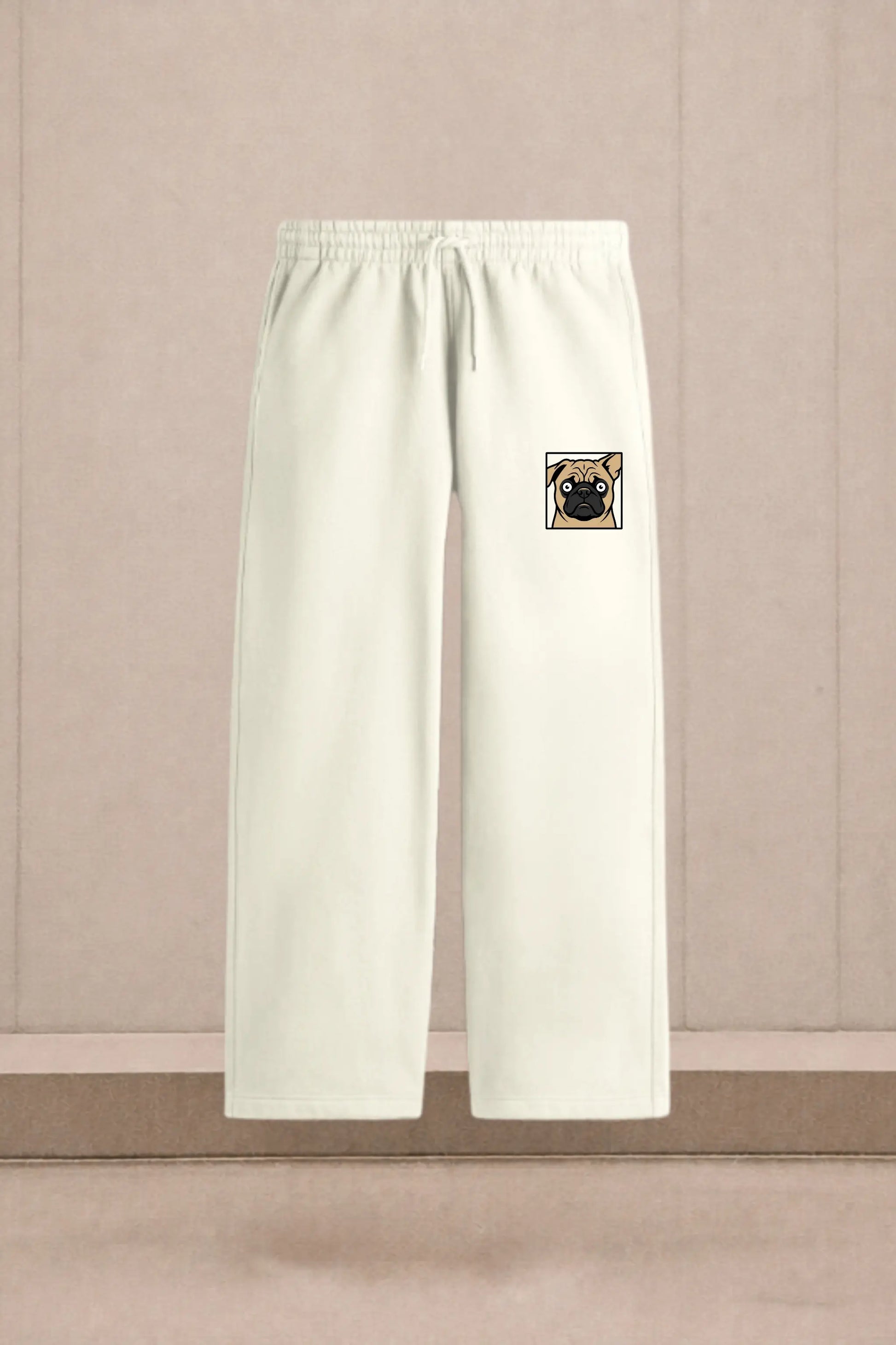 Pug Face Graphic Unisex Sweatpants in Cream — Product Flat Lay, Easy Beings Collection