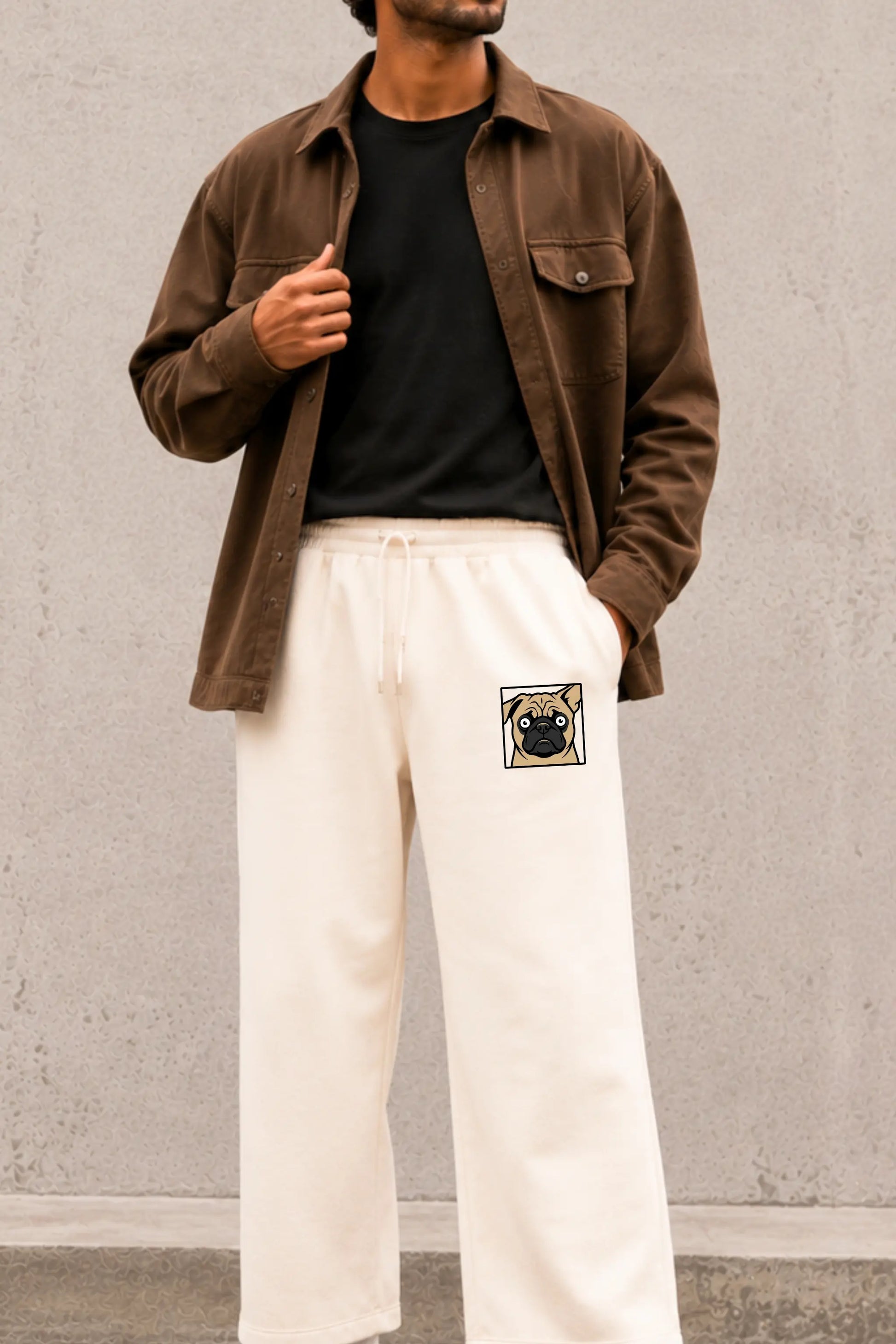 Pug Face Flat Stamp Graphic Detail — Unisex Cream Sweatpants, Easy Beings