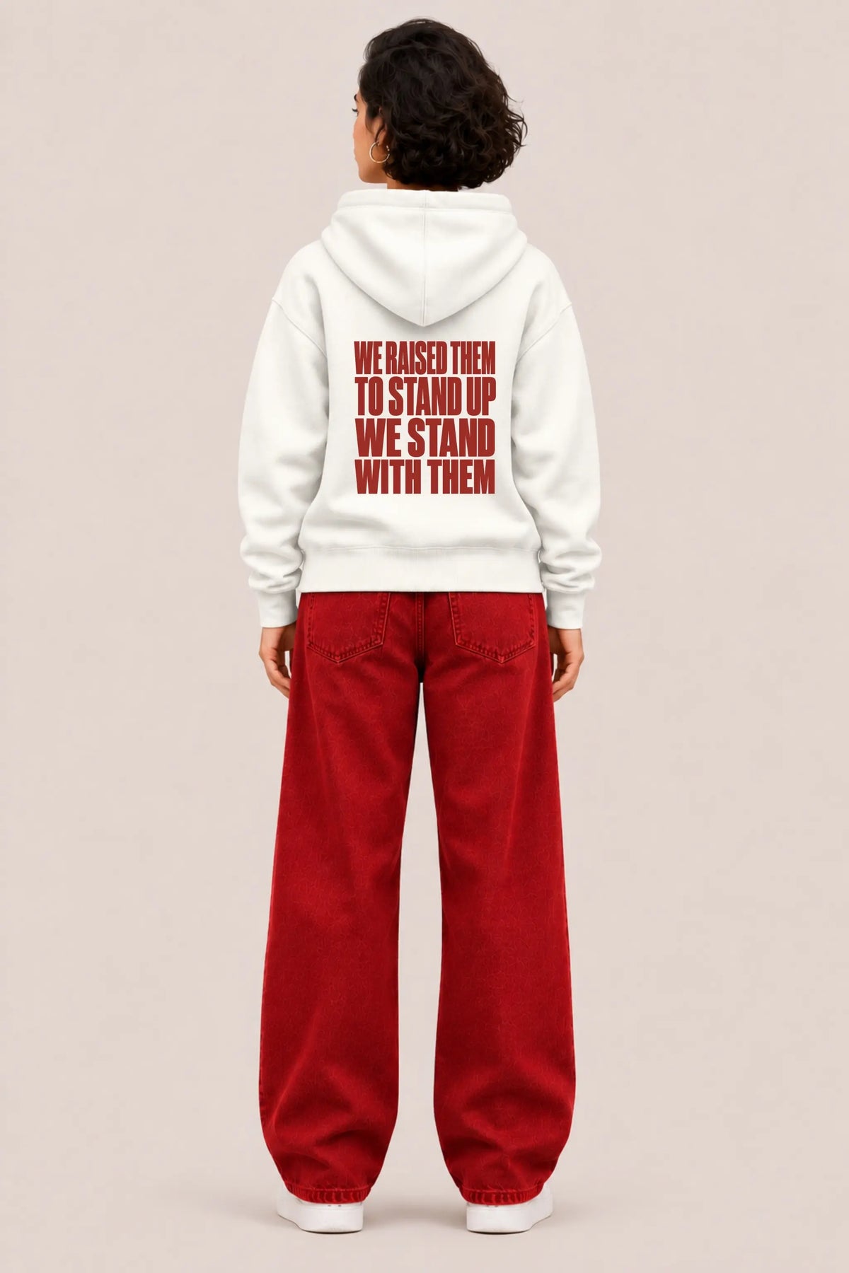 Raised To Stand Up — Family Pride Pullover Hoodie Unisex, back print worn by female model | JUNOSHI