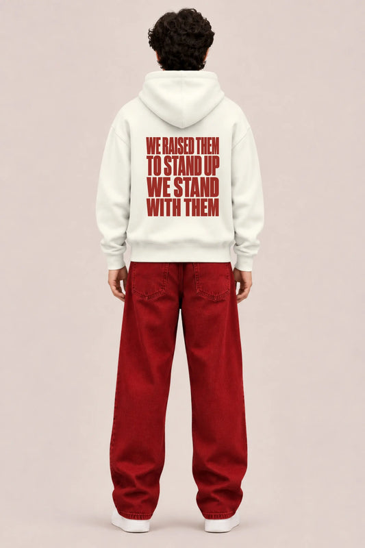 Raised To Stand Up — Family Pride Pullover Hoodie Unisex, back print worn by male model | JUNOSHI