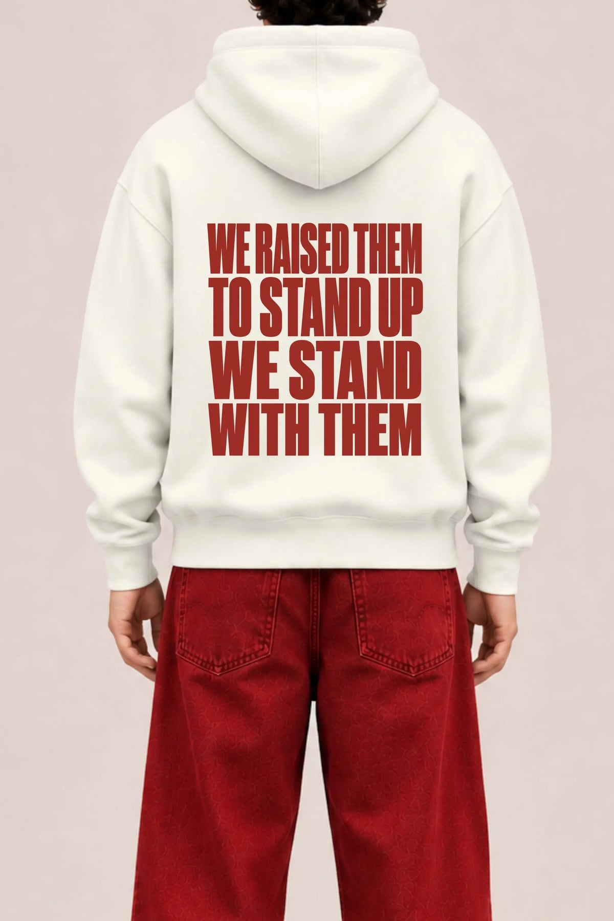 Raised To Stand Up — Family Pride Pullover Hoodie Unisex, close-up of red typography back print | JUNOSHI