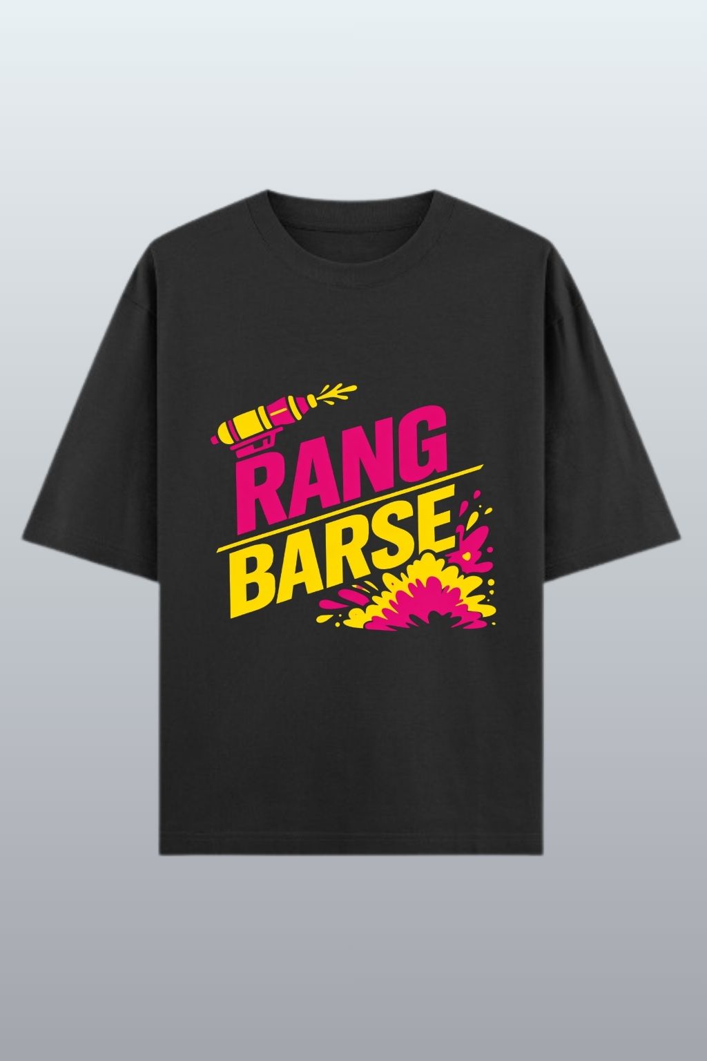 Flat lay of Rang Barse Holi Hype black oversized t-shirt showing full graphic design — JUNOSHI festive apparel