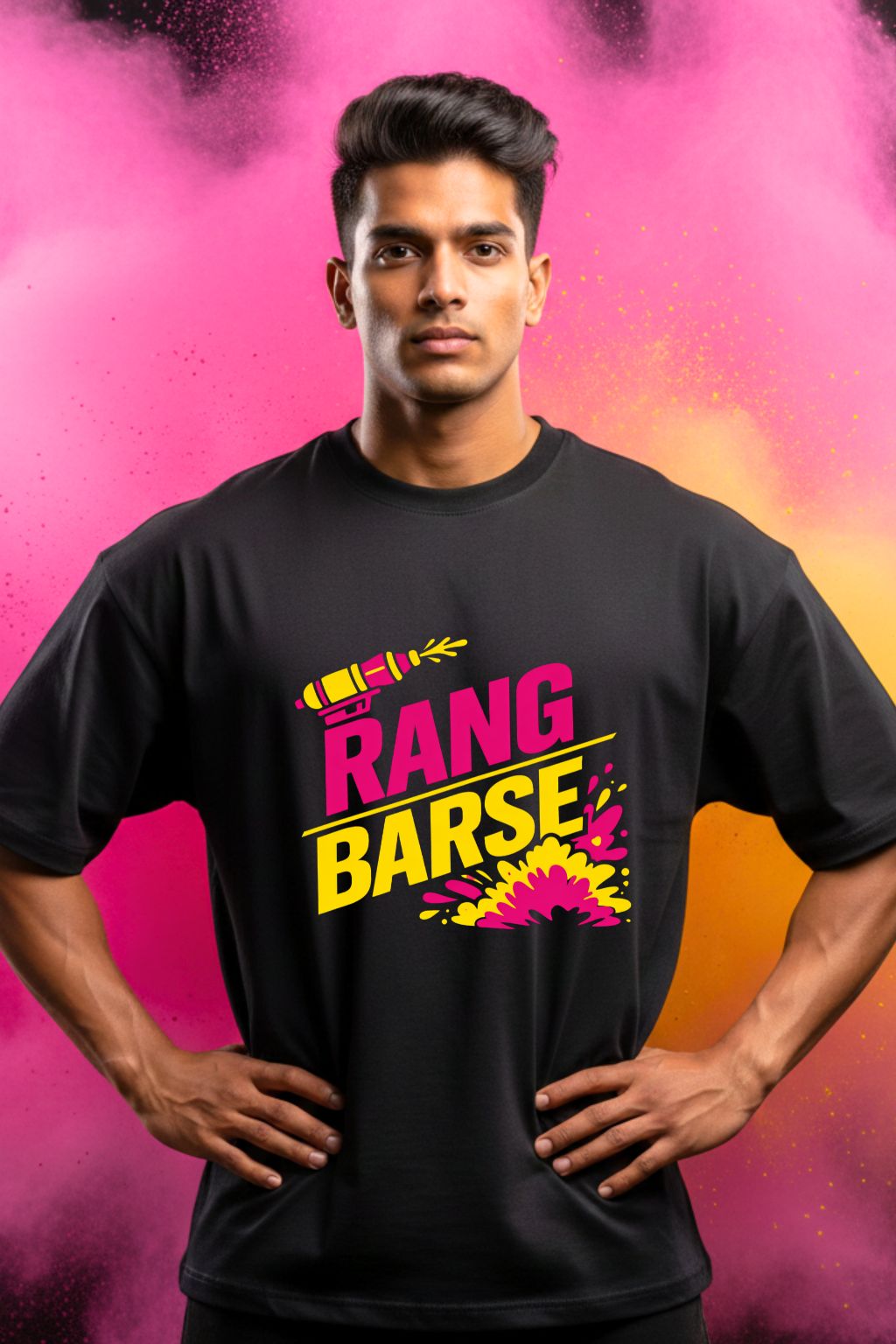 Man wearing Rang Barse Holi Hype black unisex oversized t-shirt with festive graphic — JUNOSHI Holi drop