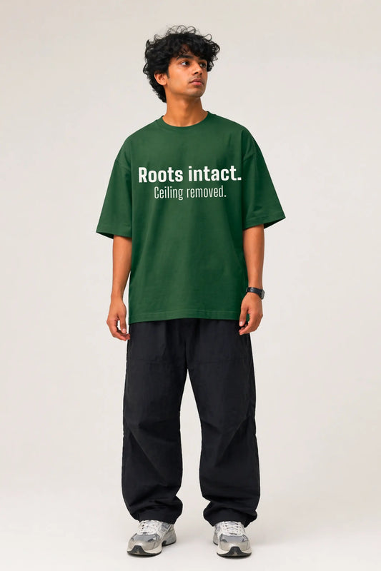 Roots Intact Ceiling Removed — Unisex Oversized Tee in Forest Green, Full Look | JUNOSHI