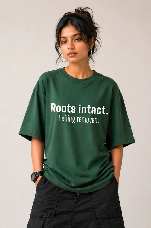 Roots Intact Ceiling Removed — Women's Styled Oversized Tee, Forest Green | JUNOSHI