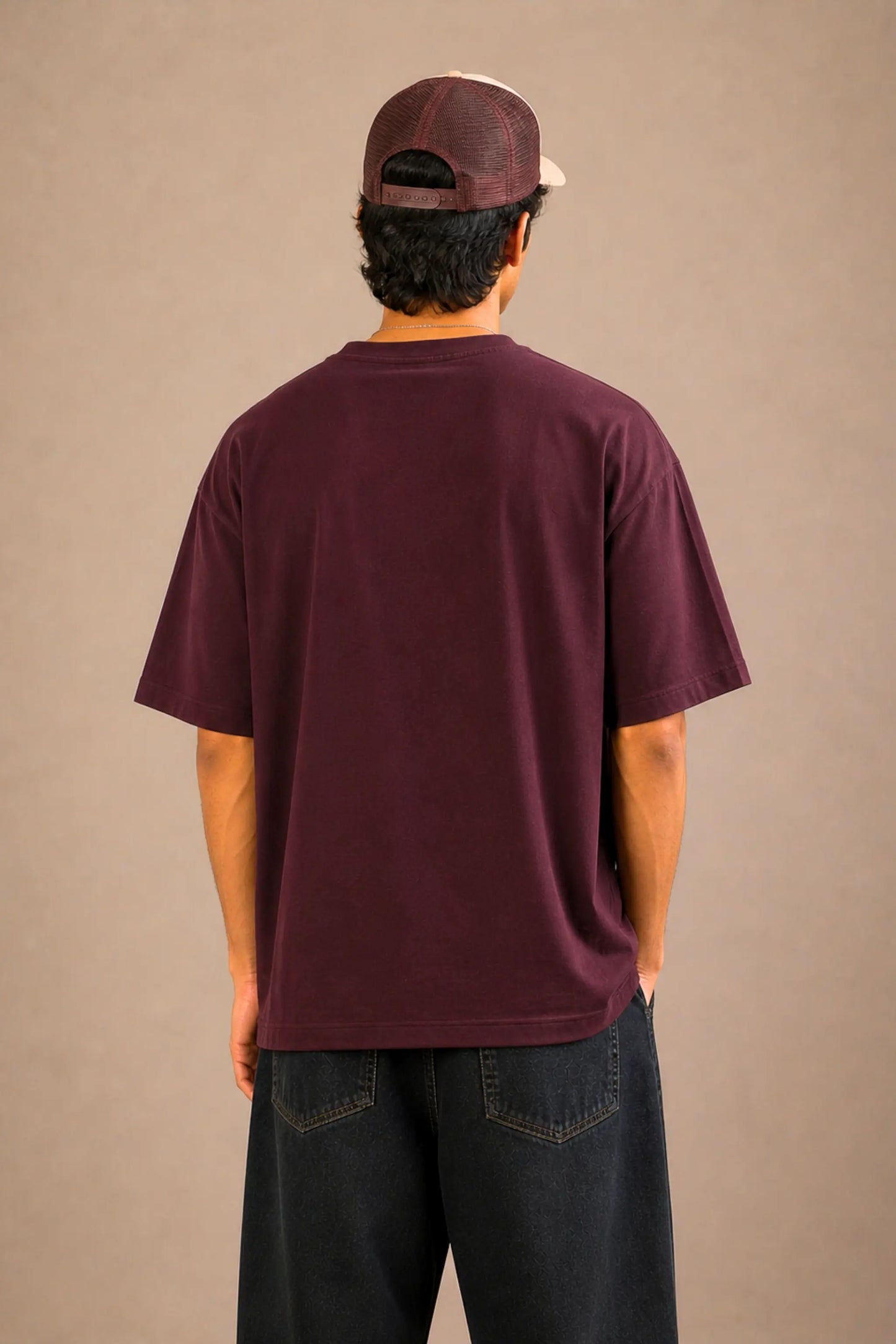 Royally Unbothered oversized tee — clean back view showing relaxed drop fit in maroon | JUNOSHI Pet Pawtrait