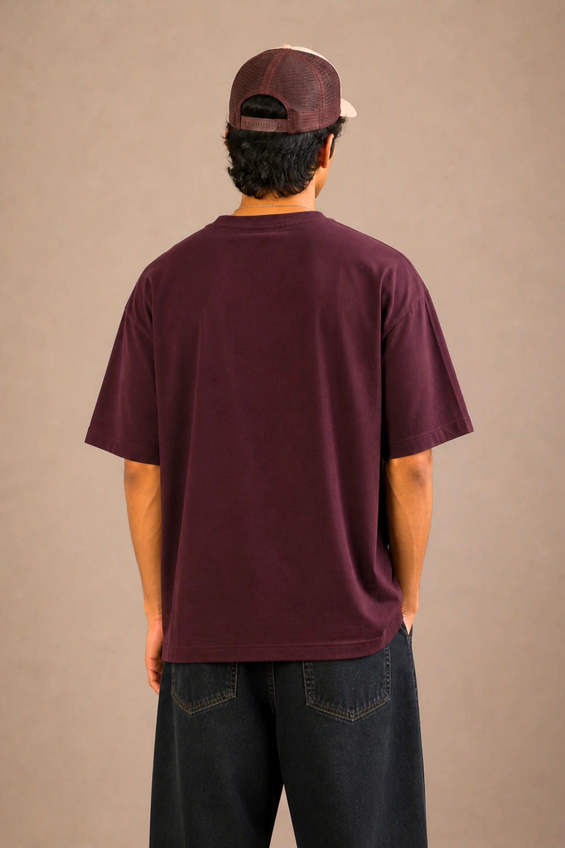 Royally Unbothered oversized tee — clean back view showing relaxed drop fit in maroon | JUNOSHI Pet Pawtrait