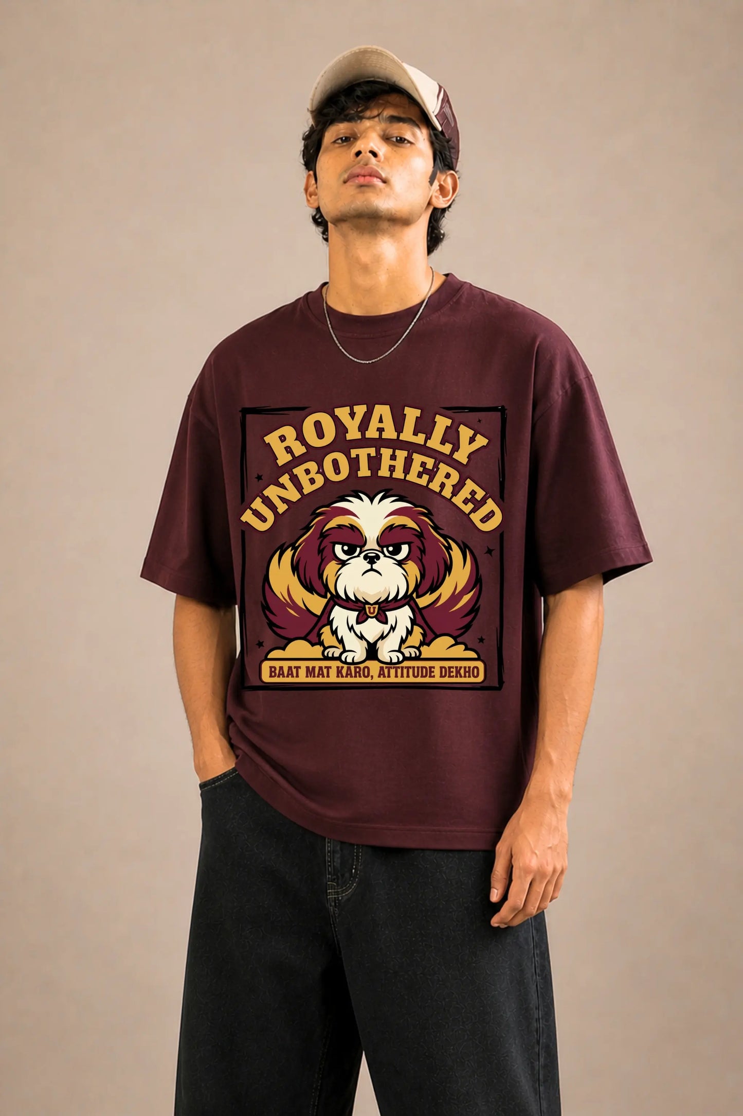 Royally Unbothered oversized tee for men in maroon — full body front shot, desi pet parent streetwear | JUNOSHI