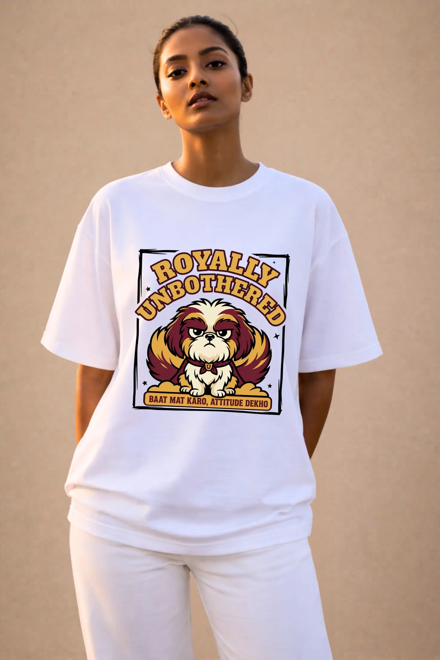Royally Unbothered oversized tee for women in white — full body front shot, unisex dog lover tee | JUNOSHI Pet Pawtrait