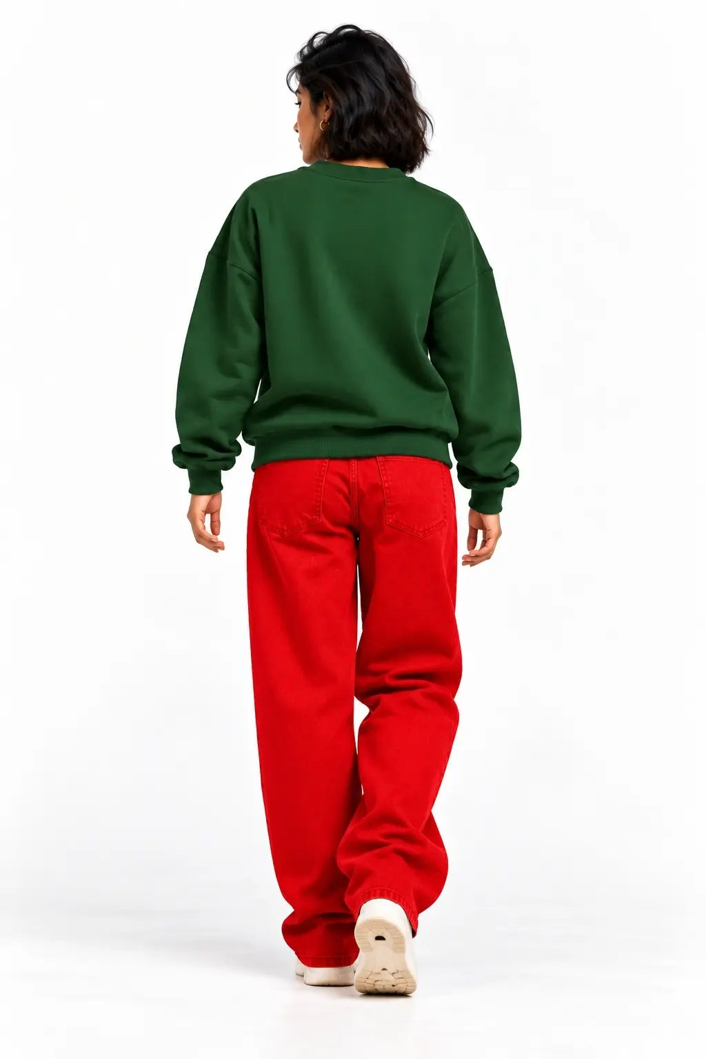 Back view of plain bottle green oversized Christmas sweatshirt for women | JUNOSHI