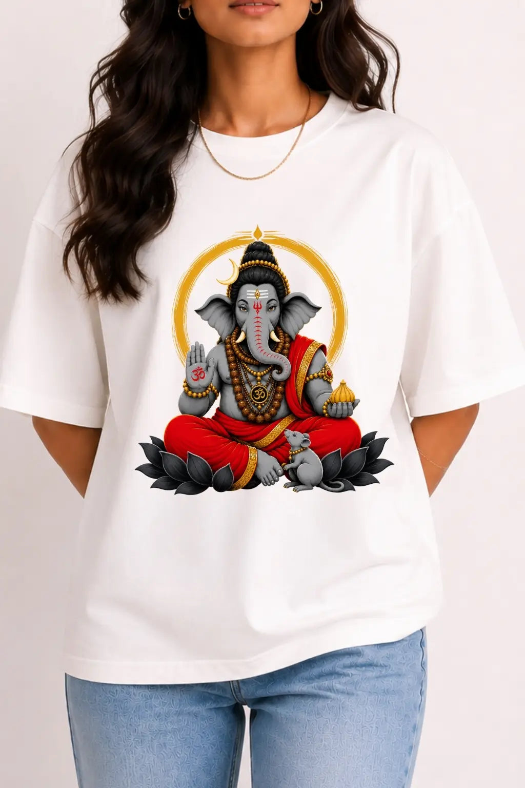 Sthapana Ganesha Blessing — Ganesh Chaturthi Oversized T-Shirt Print Closeup | JUNOSHI