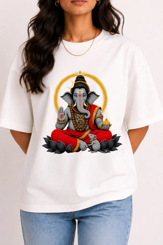 Sthapana Ganesha Blessing — Ganesh Chaturthi Oversized T-Shirt Print Closeup | JUNOSHI