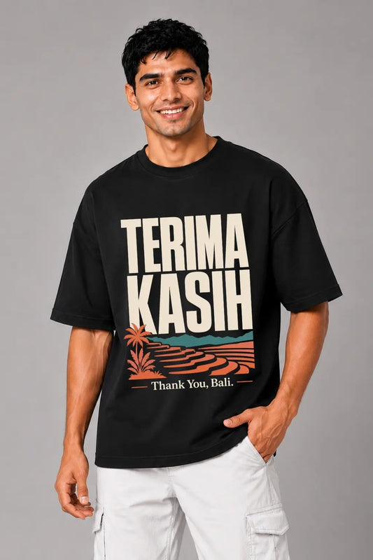 Terima Kasih Bali Oversized Terry Tee for Men — Front View | JUNOSHI Travel Graphic Tee