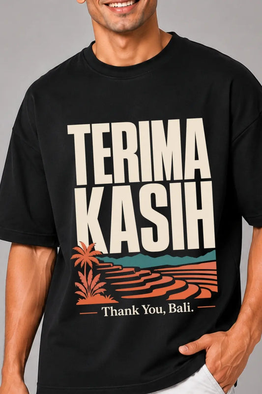 Terima Kasih Bali Rice Terrace Print Detail — Oversized Tee Close-Up | JUNOSHI DTF Print