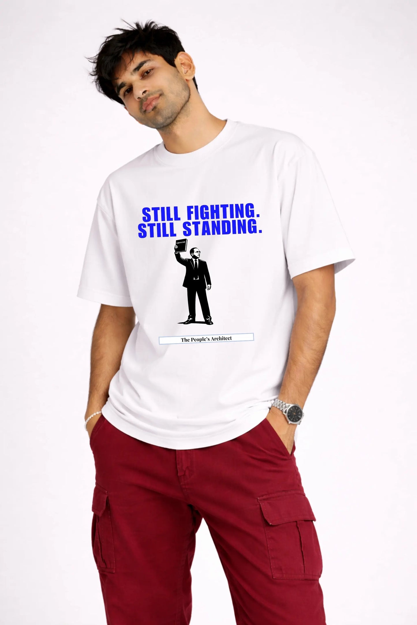 The People's Architect — Ambedkar Jayanti Oversized Tee in White, Front View on Male Model