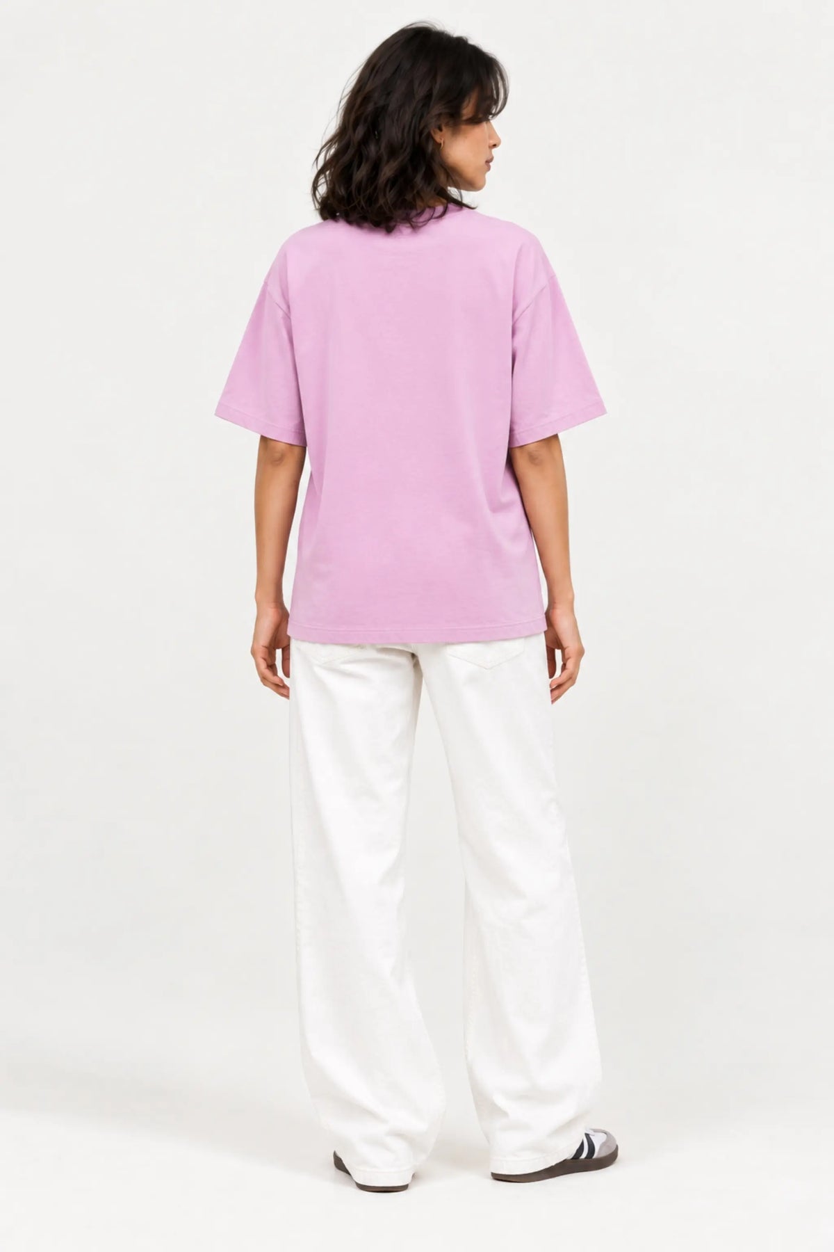 They Don’t Need Mercy — plain back view of lilac drop-shoulder oversized t-shirt, relaxed fit | JUNOSHI