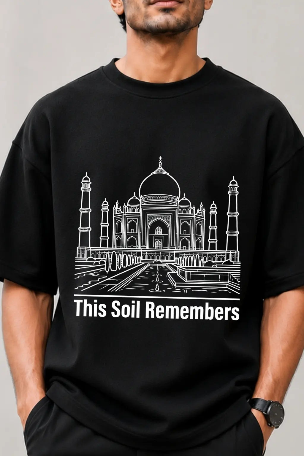 This Soil Remembers — Taj Mahal Print Closeup on Oversized Tee | JUNOSHI