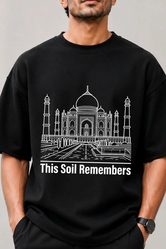 This Soil Remembers — Taj Mahal Print Closeup on Oversized Tee | JUNOSHI