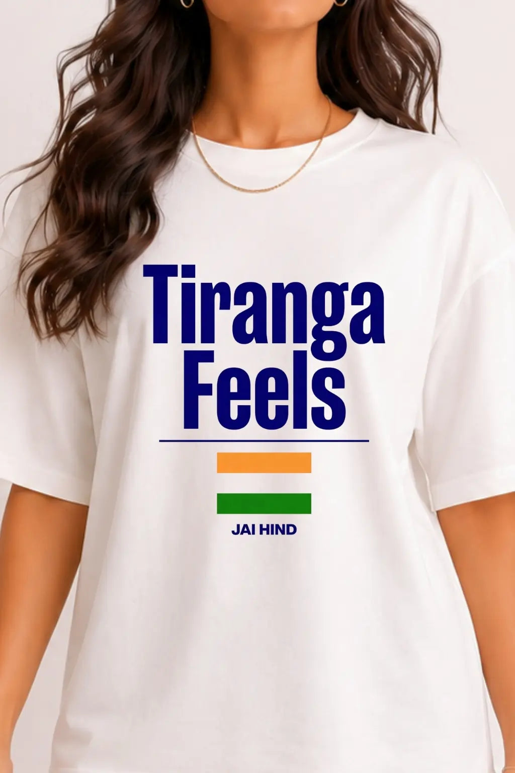 Tiranga Feels Oversized Tee White — Chest Print Closeup, Women | JUNOSHI Freedom Threads