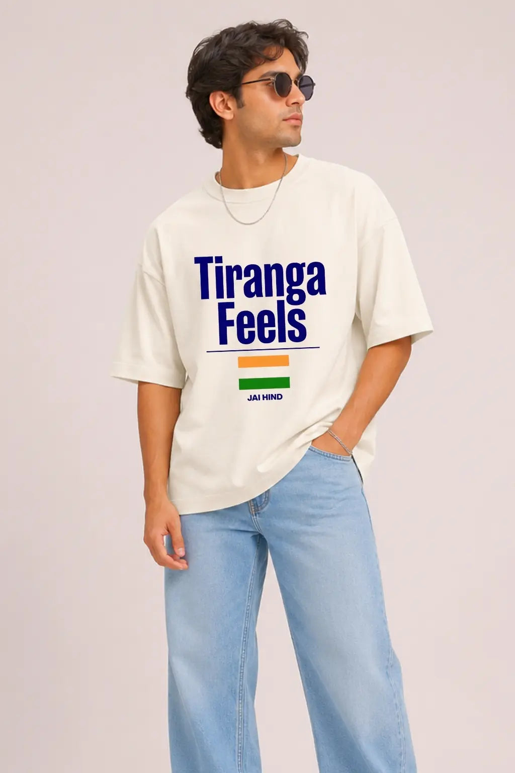 Tiranga Feels Indian Flag Oversized Terry Tee in Off-White — Men's Fit Front View | JUNOSHI Freedom Threads