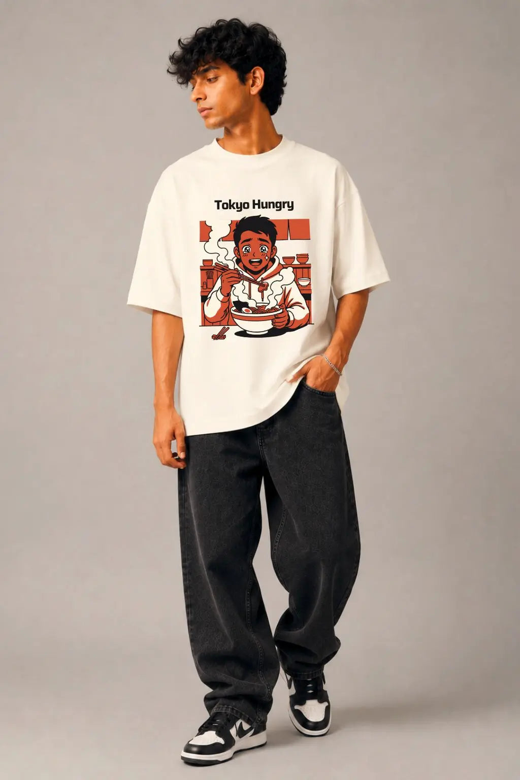 Tokyo Hungry anime ramen oversized tee — male model full body front view, styled with baggy jeans | JUNOSHI Japan streetwear India